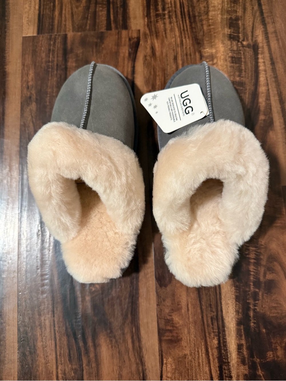 UGG Gray Suede Slippers with Plush Cream Shearling - Size 40